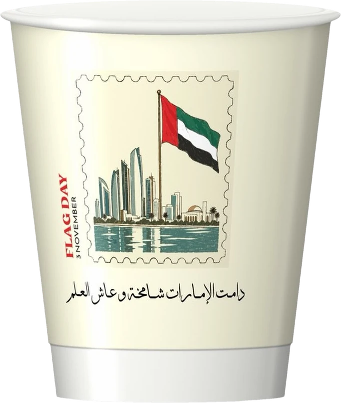 Cream Flag Day cup: a stamp of the Abu Dhabi skyline under the UAE flag, 3 November, and an Arabic line wishing the Emirates and the flag long life.