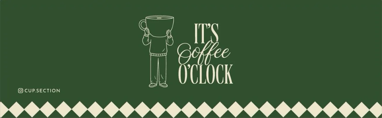 Flat print of the green design: a line-drawn man holding up a coffee cup beside the words It's Coffee O'Clock, with a diamond border.