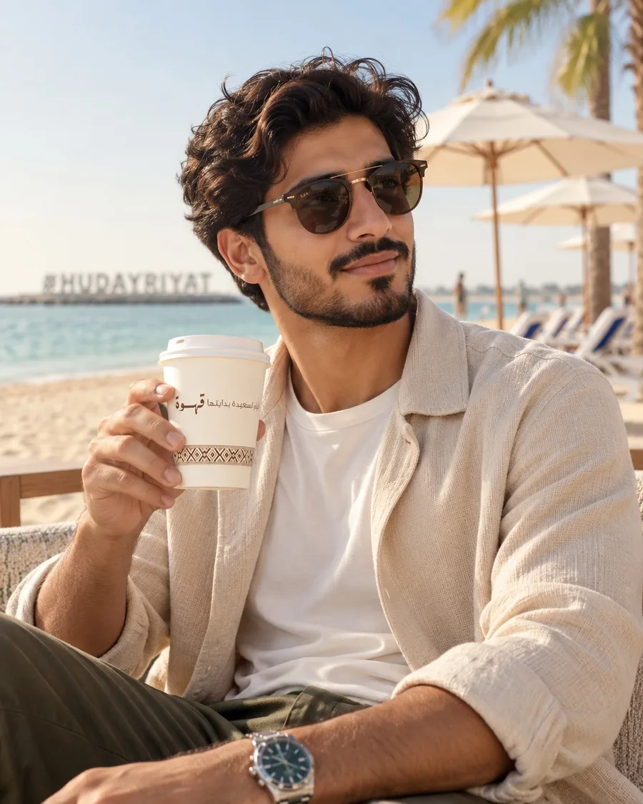 A man in sunglasses holds a cream qahwa cup on Hudayriyat beach in Abu Dhabi.