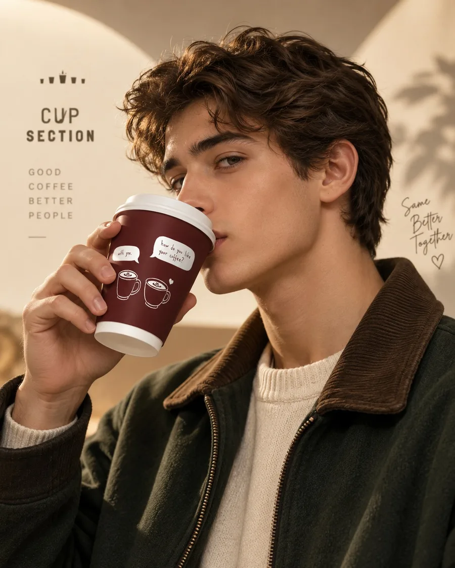 A young man drinks from the maroon cup with the coffee speech bubbles.