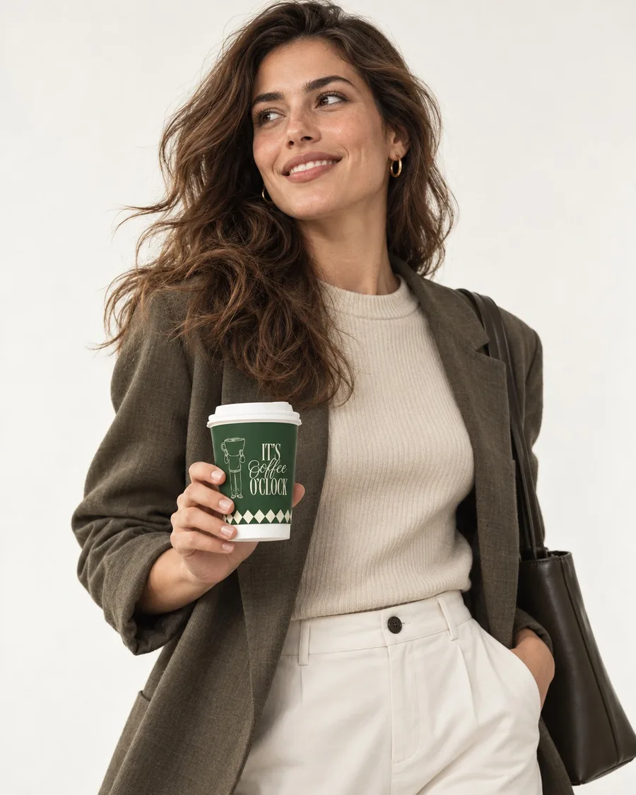 A smiling woman in a grey blazer carries the green It's Coffee O'Clock cup.