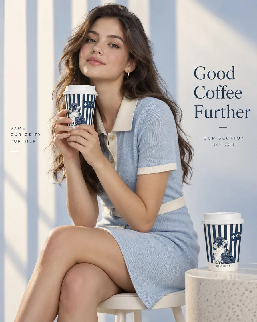 A woman in a pale blue dress holds the falcon cup, with a second falcon cup on a stone side table.