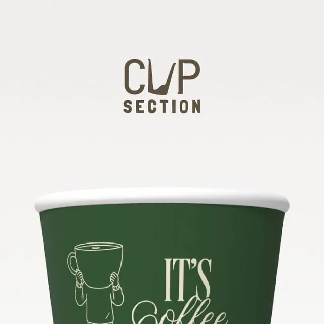 Cup Section post: their wordmark above the forest green It's Coffee cup with its line-drawn man lifting a giant cup.